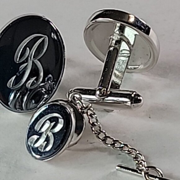 Silver Tone Monogram Script Letter B  CuffLinks Tie Pin Chain Whale Back - Picture 5 of 6